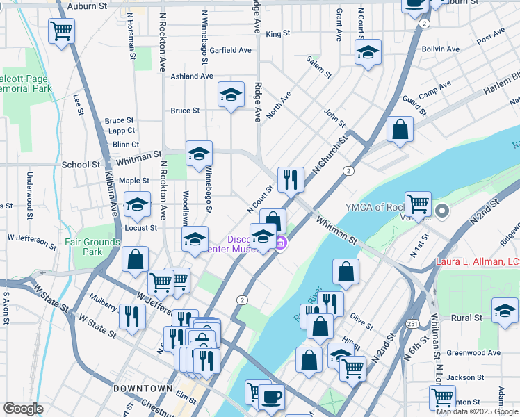 map of restaurants, bars, coffee shops, grocery stores, and more near in Rockford