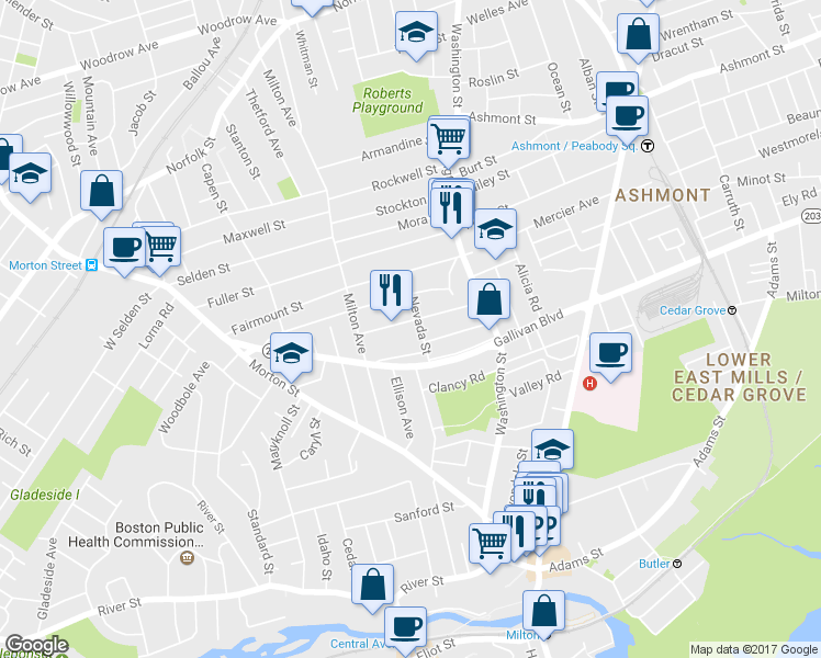 map of restaurants, bars, coffee shops, grocery stores, and more near 52-54 Codman Hill Avenue in Boston