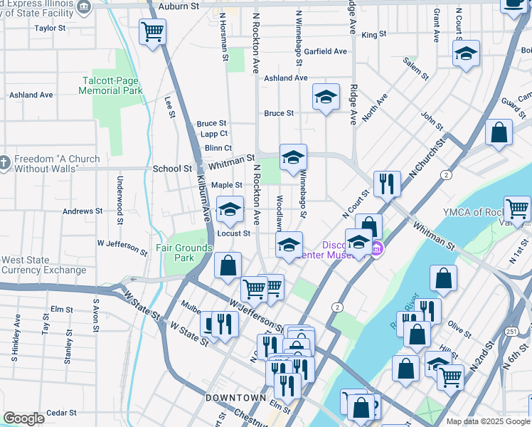 map of restaurants, bars, coffee shops, grocery stores, and more near 616 Acorn Street in Rockford