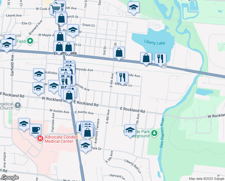 map of restaurants, bars, coffee shops, grocery stores, and more near 600 East Lincoln Avenue in Libertyville