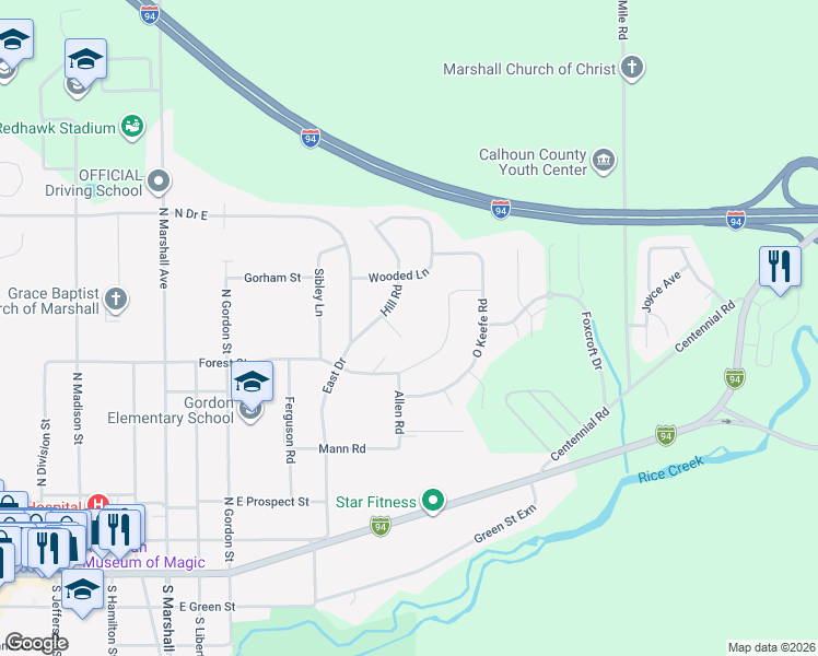 map of restaurants, bars, coffee shops, grocery stores, and more near 532 Hill Road Court in Marshall