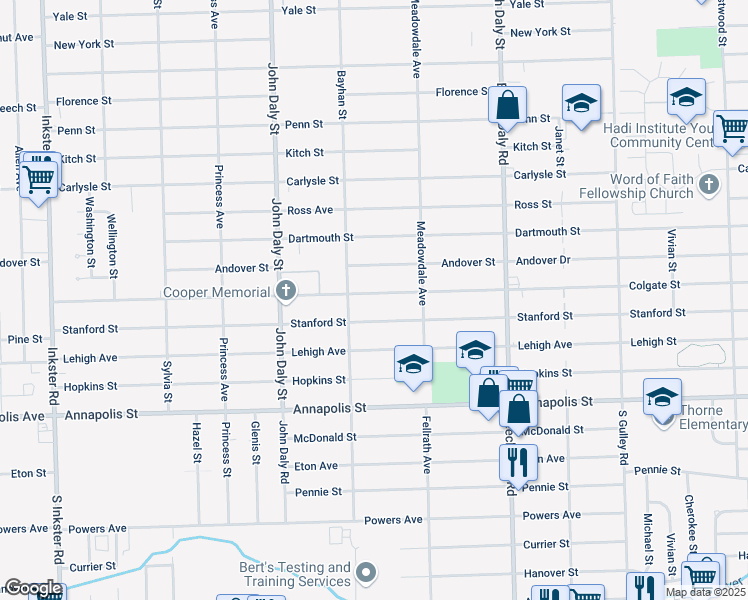 map of restaurants, bars, coffee shops, grocery stores, and more near 26211 Colgate Street in Inkster