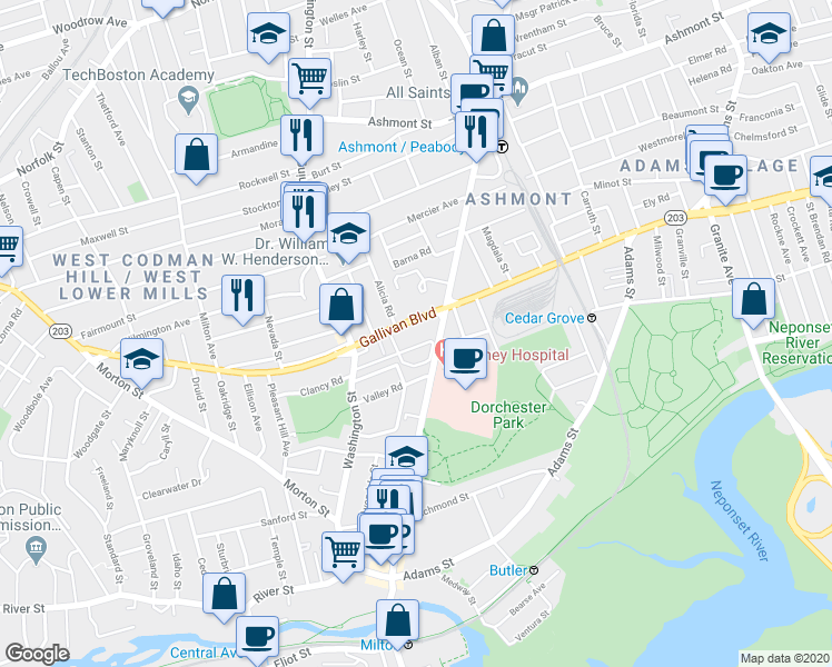 map of restaurants, bars, coffee shops, grocery stores, and more near 265-267 Gallivan Boulevard in Boston
