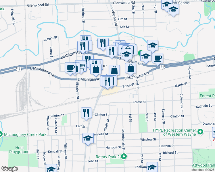 map of restaurants, bars, coffee shops, grocery stores, and more near 35141 East Michigan Avenue in Wayne