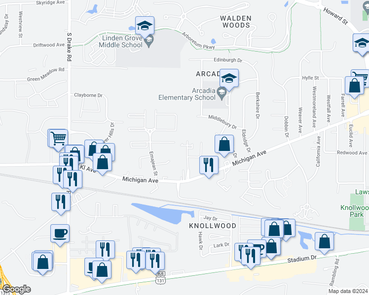 map of restaurants, bars, coffee shops, grocery stores, and more near 1236 Jack Pine Way in Kalamazoo