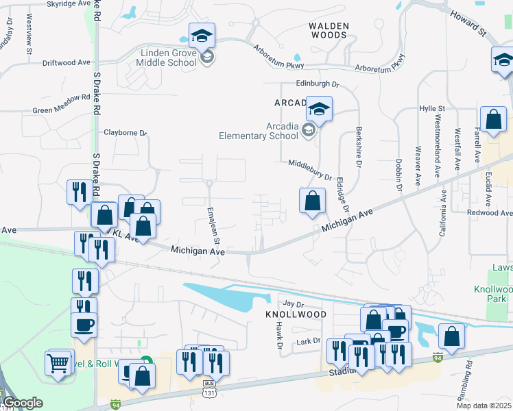 map of restaurants, bars, coffee shops, grocery stores, and more near 1246 Jack Pine Way in Kalamazoo