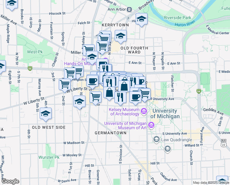 map of restaurants, bars, coffee shops, grocery stores, and more near 322 East Liberty Street in Ann Arbor