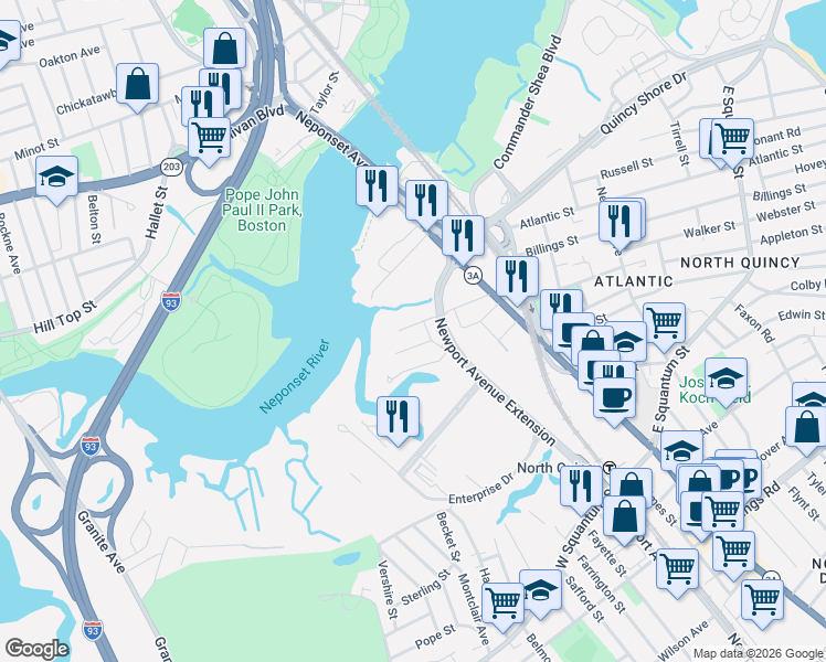 map of restaurants, bars, coffee shops, grocery stores, and more near 85 Myrtle Street in Quincy