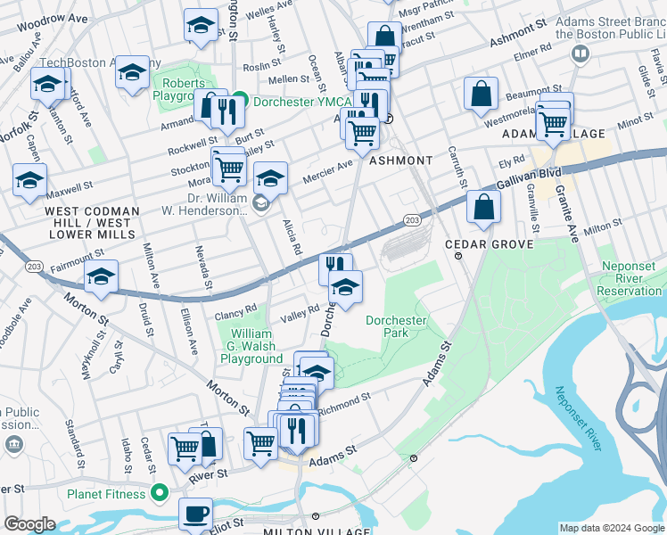 map of restaurants, bars, coffee shops, grocery stores, and more near 265-267 Gallivan Boulevard in Boston