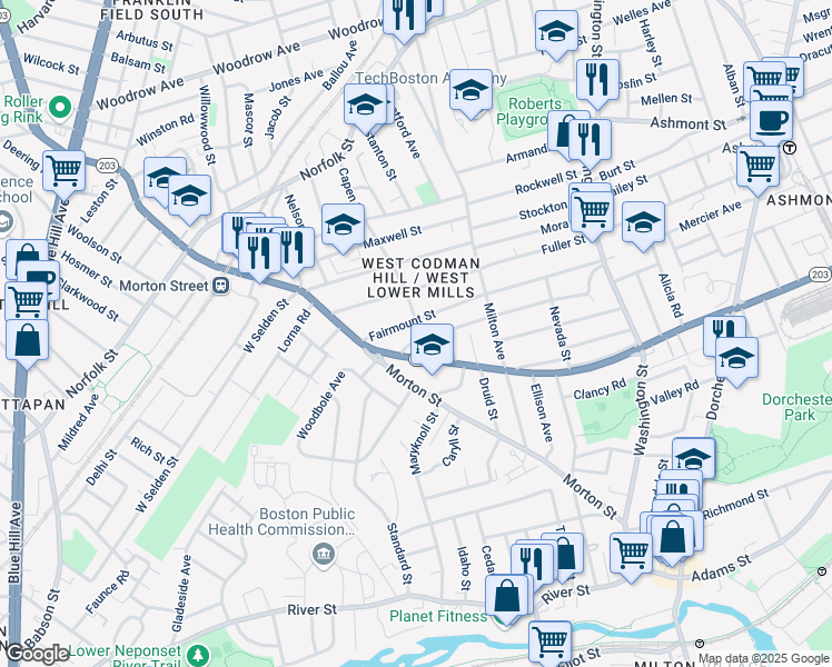 map of restaurants, bars, coffee shops, grocery stores, and more near 27 Wilmington Avenue in Boston