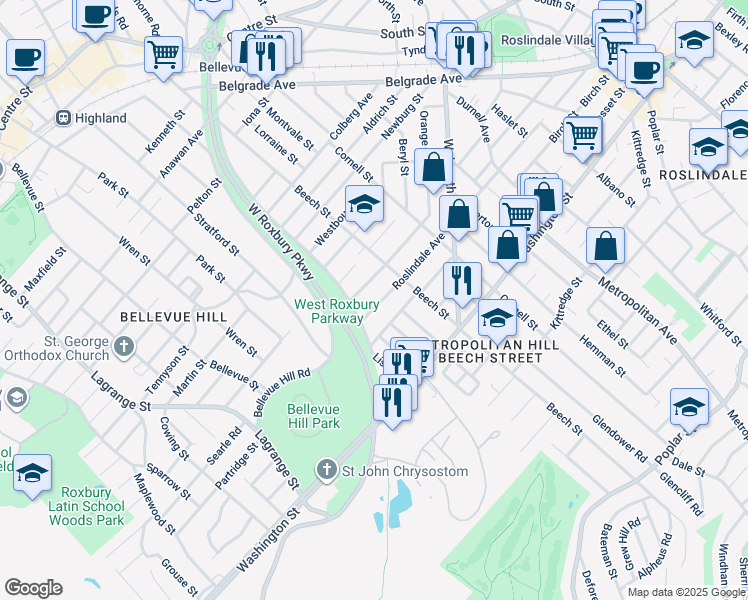 map of restaurants, bars, coffee shops, grocery stores, and more near 270 Roslindale Avenue in Boston