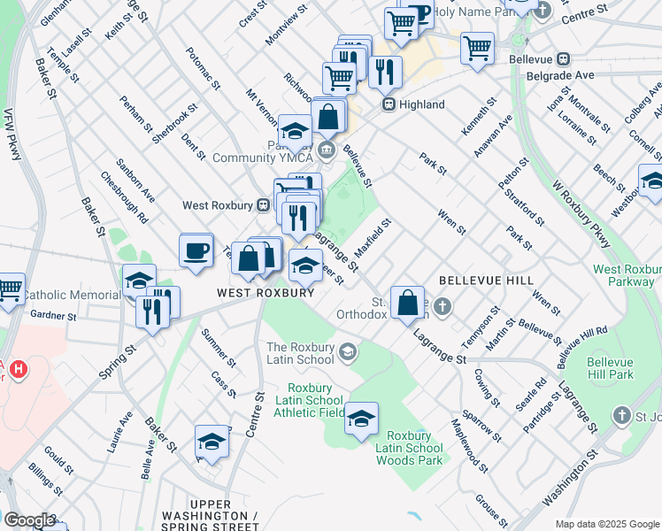 map of restaurants, bars, coffee shops, grocery stores, and more near 88 Landseer Street in Boston