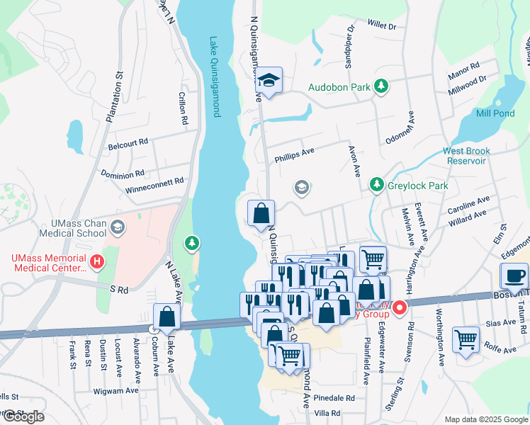 map of restaurants, bars, coffee shops, grocery stores, and more near 67 /11 North Quinsigamond Avenue in Shrewsbury