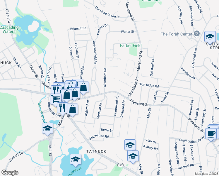 map of restaurants, bars, coffee shops, grocery stores, and more near 1 Wrentham Road in Worcester
