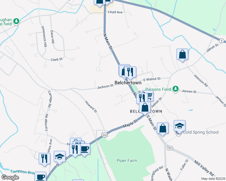map of restaurants, bars, coffee shops, grocery stores, and more near 19 Jackson Street in Belchertown