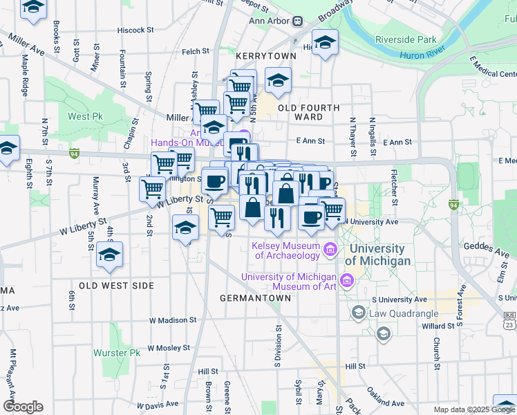 map of restaurants, bars, coffee shops, grocery stores, and more near 322 East Liberty Street in Ann Arbor