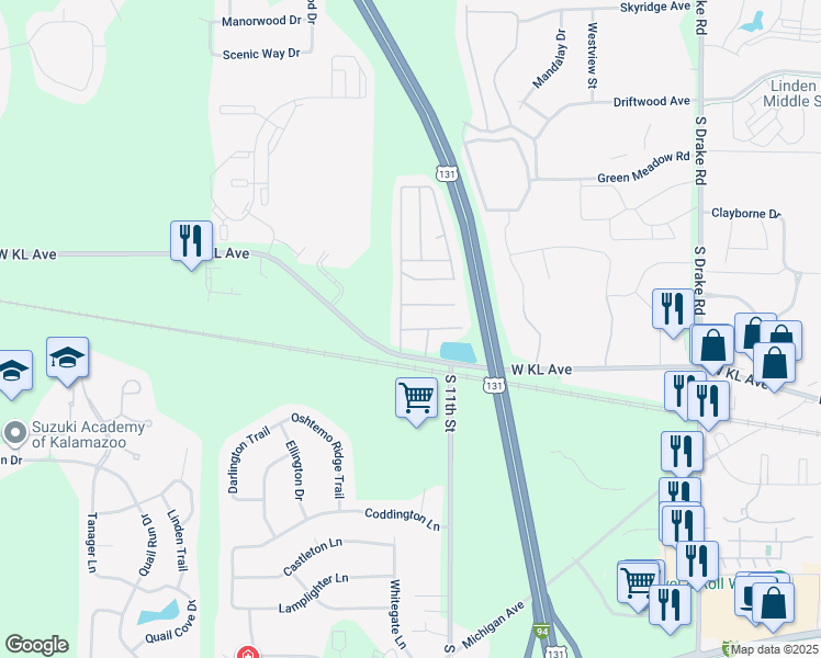 map of restaurants, bars, coffee shops, grocery stores, and more near 5500 West Kl Avenue in Kalamazoo