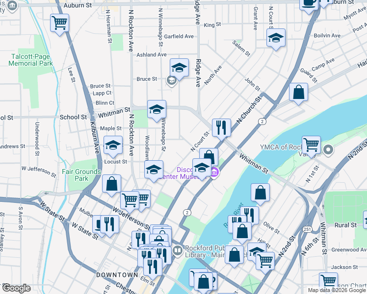 map of restaurants, bars, coffee shops, grocery stores, and more near 718 North Court Street in Rockford