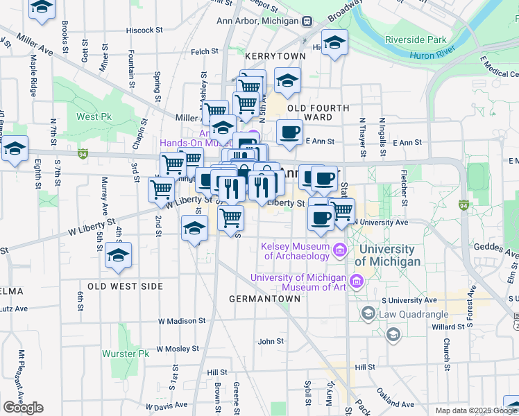 map of restaurants, bars, coffee shops, grocery stores, and more near 319 South 5th Avenue in Ann Arbor