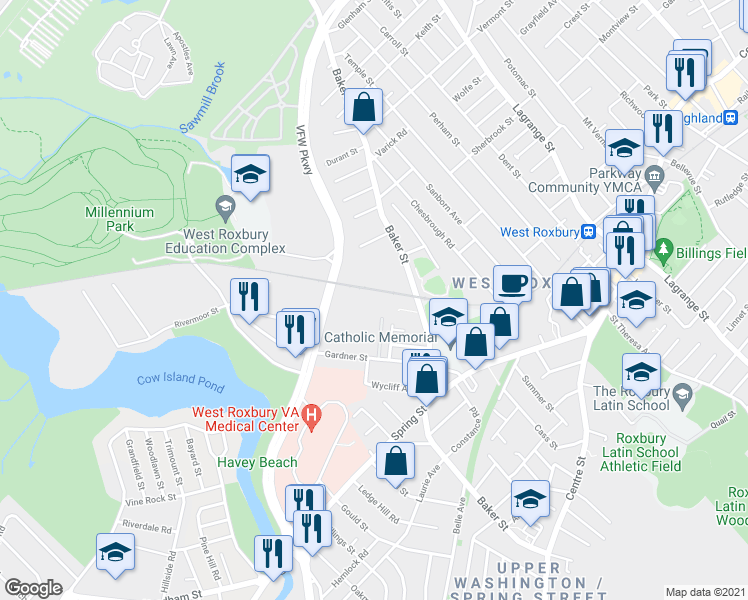 map of restaurants, bars, coffee shops, grocery stores, and more near 1208b VFW Parkway in Boston