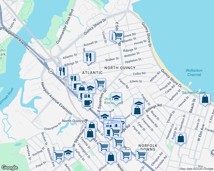 map of restaurants, bars, coffee shops, grocery stores, and more near 92 East Squantum Street in Quincy