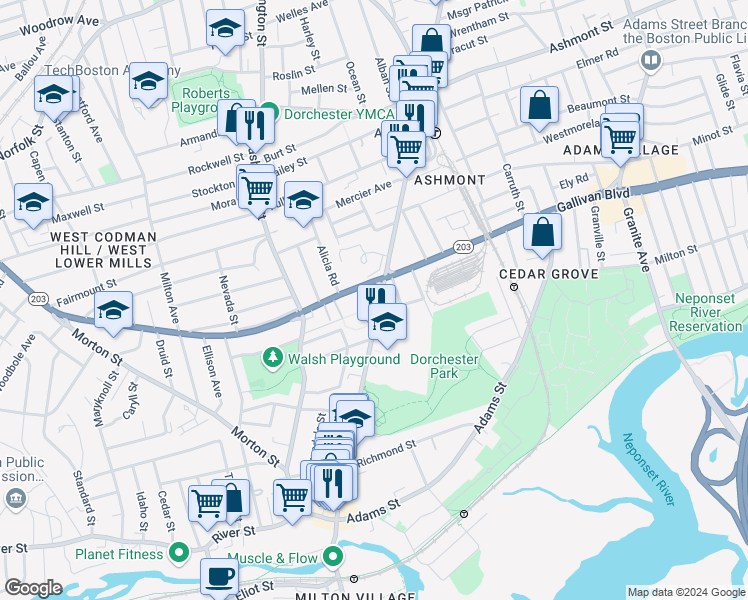 map of restaurants, bars, coffee shops, grocery stores, and more near 2089 Dorchester Avenue in Boston