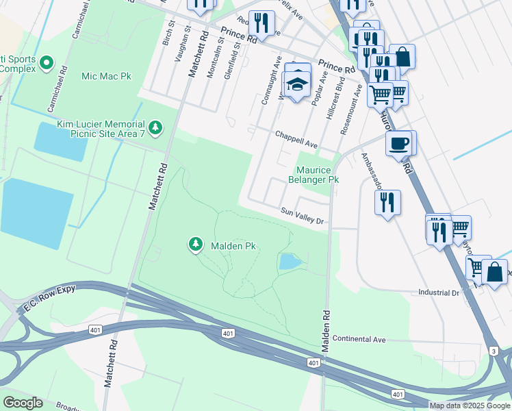 map of restaurants, bars, coffee shops, grocery stores, and more near 1579 Sun Valley Drive in Windsor