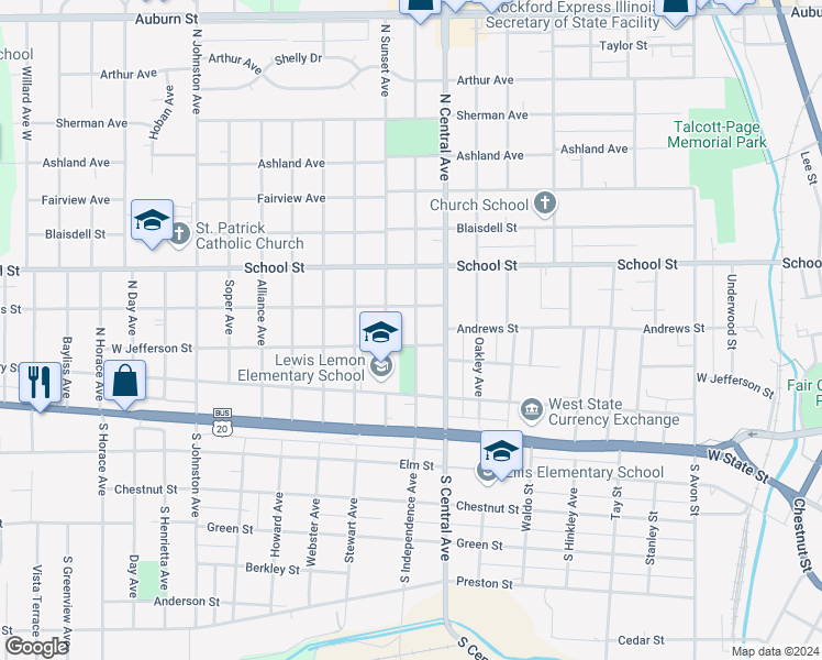 map of restaurants, bars, coffee shops, grocery stores, and more near 310 North Independence Avenue in Rockford