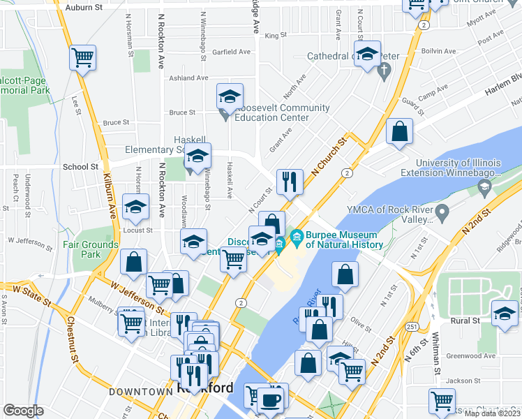 map of restaurants, bars, coffee shops, grocery stores, and more near 809 North Court Street in Rockford