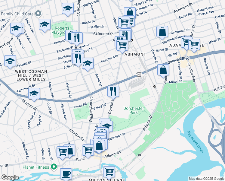 map of restaurants, bars, coffee shops, grocery stores, and more near 265-267 Gallivan Boulevard in Boston