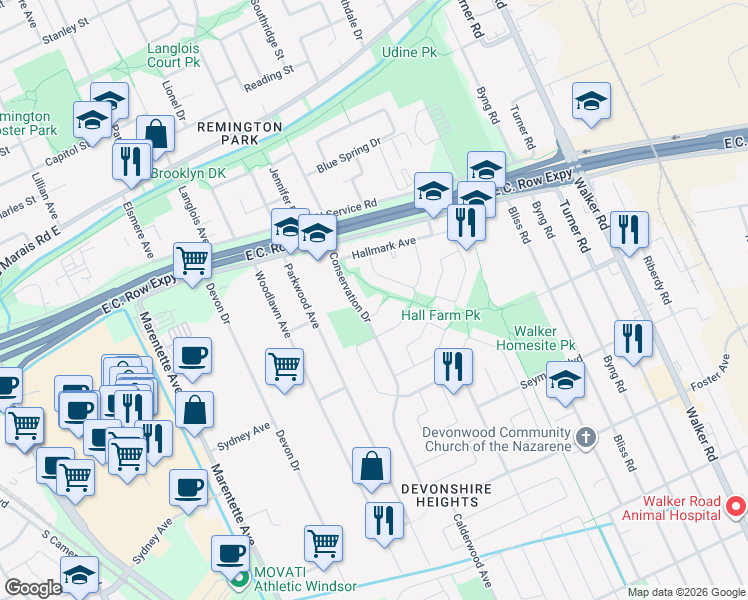 map of restaurants, bars, coffee shops, grocery stores, and more near 1340 Leafield Court in Windsor