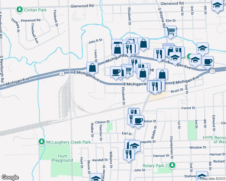 map of restaurants, bars, coffee shops, grocery stores, and more near 35708 Brush Street in Wayne