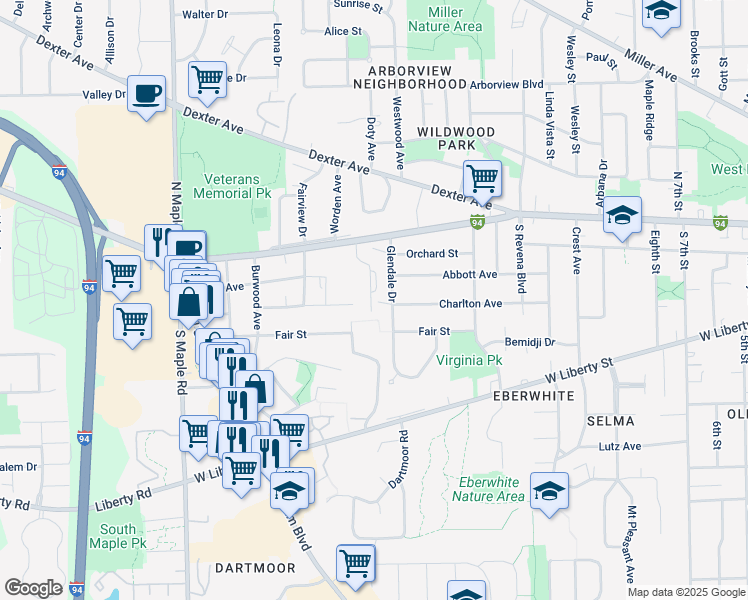 map of restaurants, bars, coffee shops, grocery stores, and more near 312 Glendale Drive in Ann Arbor