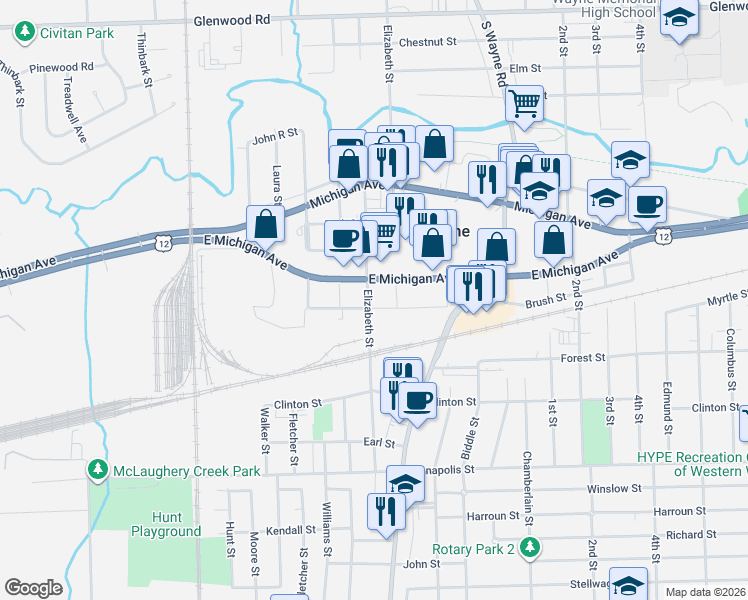 map of restaurants, bars, coffee shops, grocery stores, and more near 35550 Brush Street in Wayne