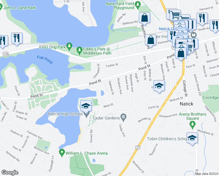map of restaurants, bars, coffee shops, grocery stores, and more near 11 Oakland Street in Natick