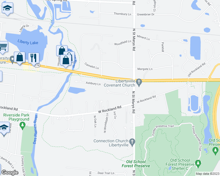 map of restaurants, bars, coffee shops, grocery stores, and more near 1204 Ashbury Lane in Libertyville