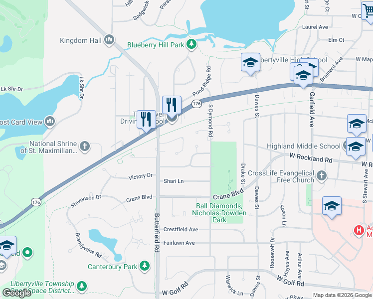 map of restaurants, bars, coffee shops, grocery stores, and more near 1106 Pine Tree Lane in Libertyville