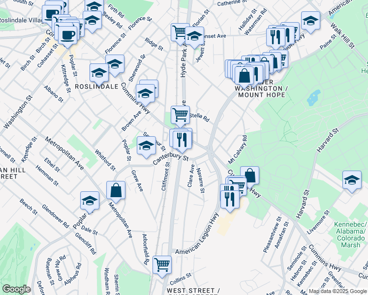 map of restaurants, bars, coffee shops, grocery stores, and more near 625 Hyde Park Avenue in Boston