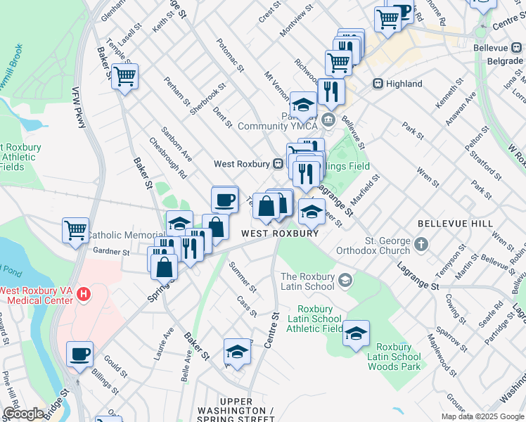 map of restaurants, bars, coffee shops, grocery stores, and more near 31 Temple Street in Boston