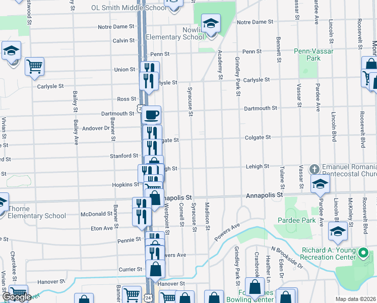map of restaurants, bars, coffee shops, grocery stores, and more near 4171 Syracuse Street in Dearborn Heights