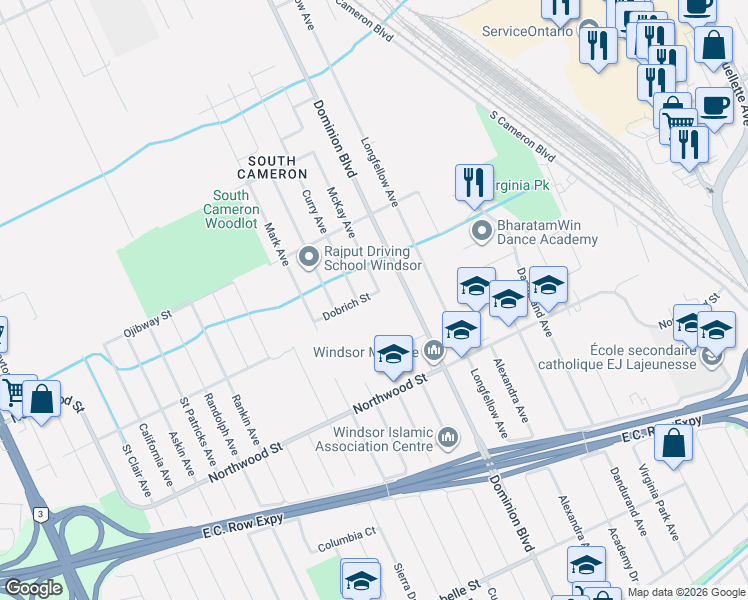 map of restaurants, bars, coffee shops, grocery stores, and more near 1439 Dobrich Street in Windsor