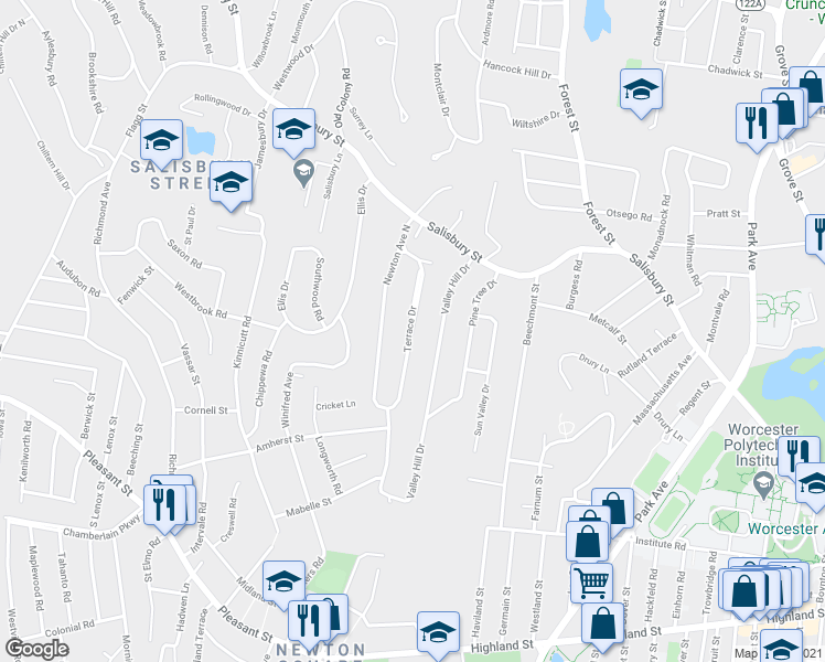 map of restaurants, bars, coffee shops, grocery stores, and more near 19 Terrace Drive in Worcester