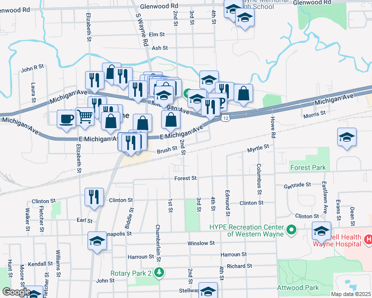 map of restaurants, bars, coffee shops, grocery stores, and more near 34651 Brush Street in Wayne