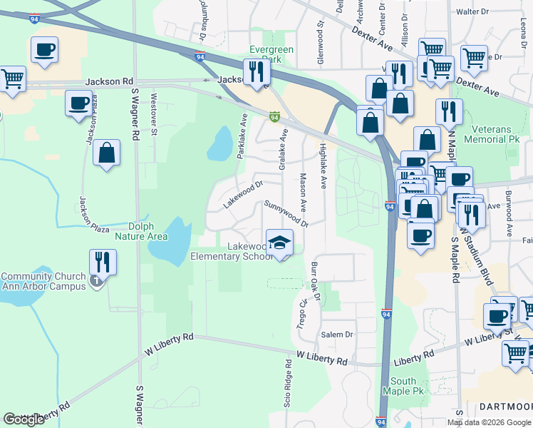 map of restaurants, bars, coffee shops, grocery stores, and more near 335 Hazelwood Avenue in Ann Arbor