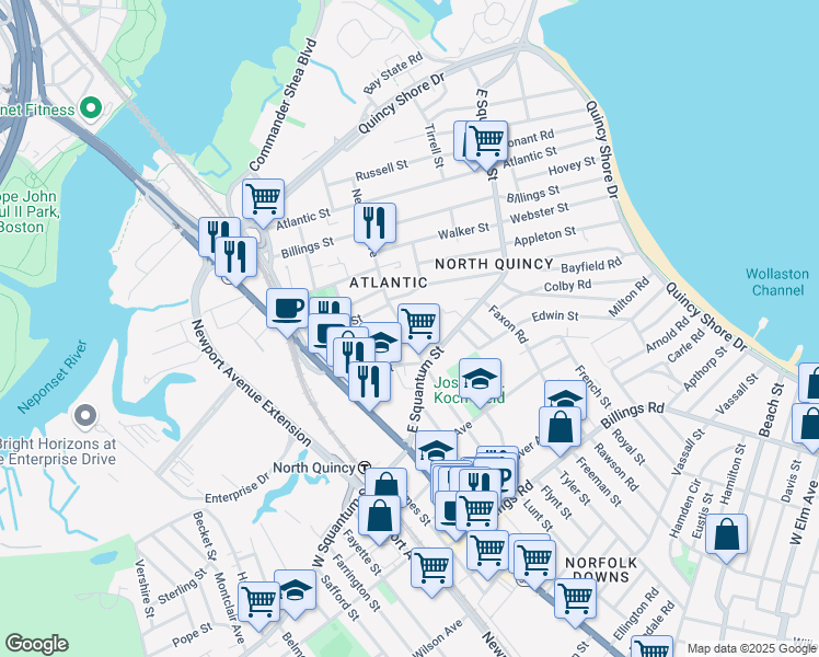map of restaurants, bars, coffee shops, grocery stores, and more near 143 Newbury Avenue in Quincy