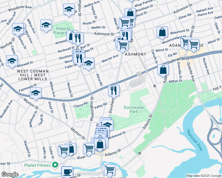 map of restaurants, bars, coffee shops, grocery stores, and more near 265-267 Gallivan Boulevard in Boston