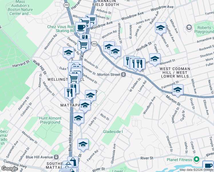 map of restaurants, bars, coffee shops, grocery stores, and more near 74 Astoria Street in Boston