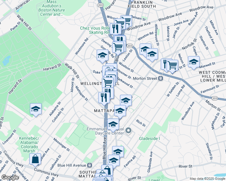 map of restaurants, bars, coffee shops, grocery stores, and more near 15 Fessenden Street in Boston