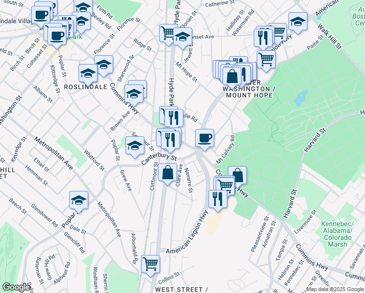 map of restaurants, bars, coffee shops, grocery stores, and more near 307 Cummins Highway in Boston