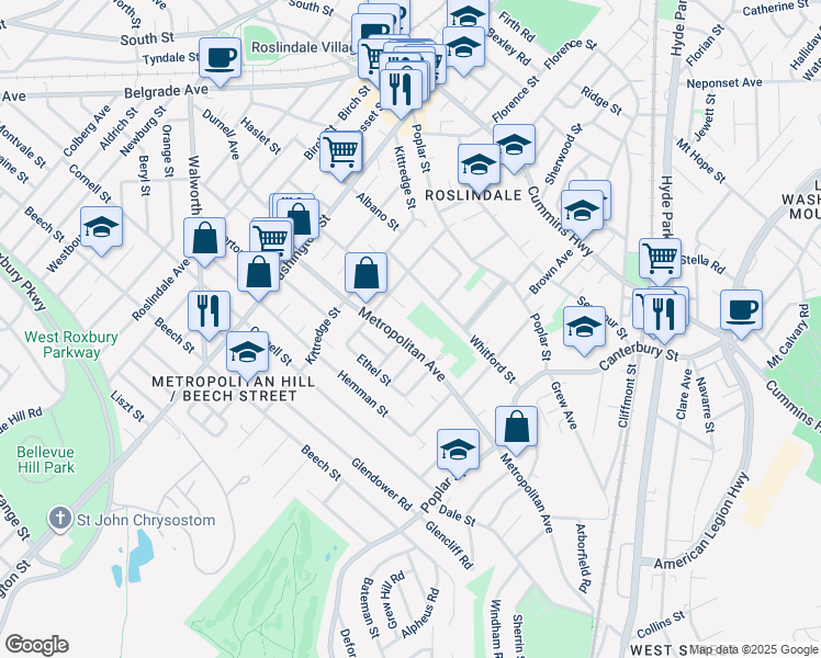 map of restaurants, bars, coffee shops, grocery stores, and more near 162 Metropolitan Avenue in Boston